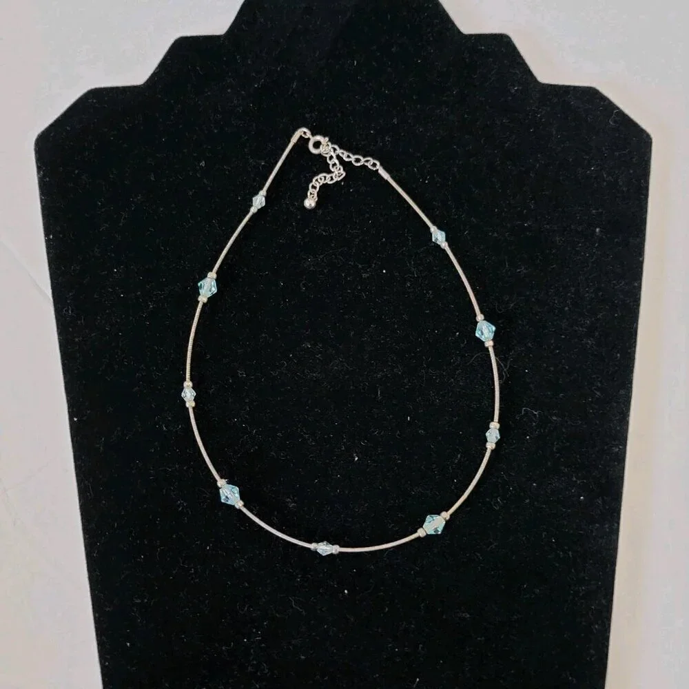 Choker Necklace Stretch Adjustable Silver Tone Blue Beads